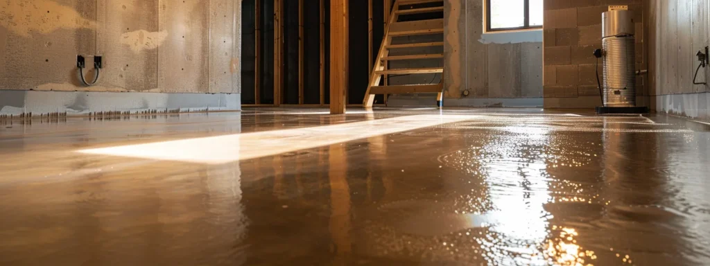 a well-lit basement showcases a professional waterproofing process, featuring exposed concrete walls and flooring, as contractors meticulously apply waterproofing membranes and install a french drain alongside a ready-to-install sump pump.