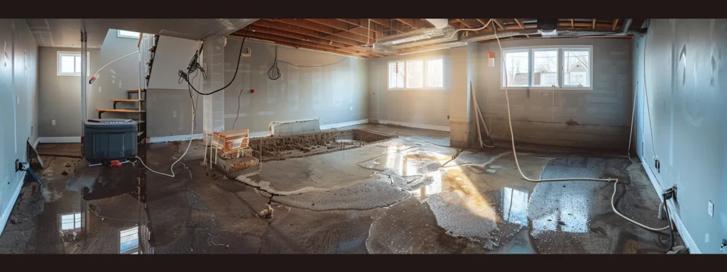 a well-lit residential basement showcases waterproofing experts diligently applying membranes and sealing cracks in exposed concrete walls, with a sump pump ready for installation and a french drain being meticulously laid out, highlighting the importance of hiring local professionals for effective waterproofing solutions.