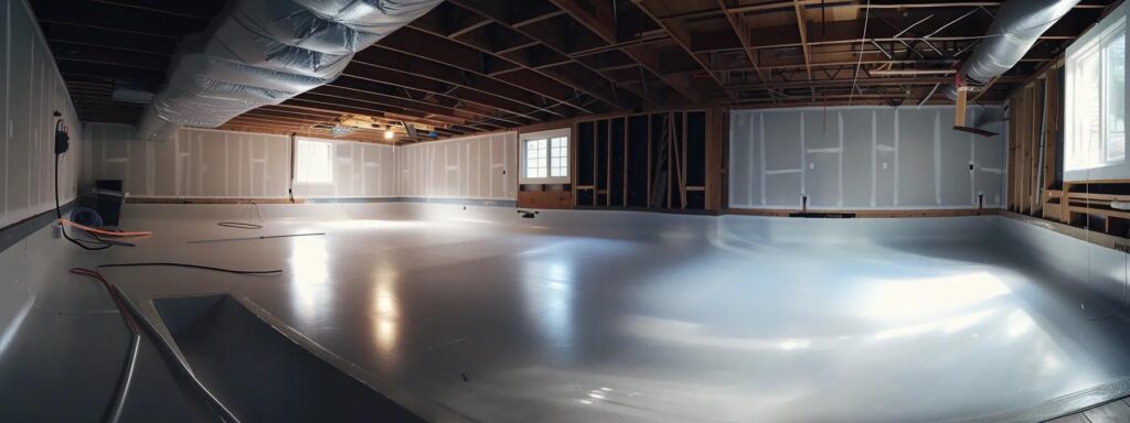 a modern cherry hill home showcases a sleek, newly applied waterproofing membrane in a bright, well-lit basement setting, emphasizing the effectiveness and professionalism of innovative home improvement solutions.