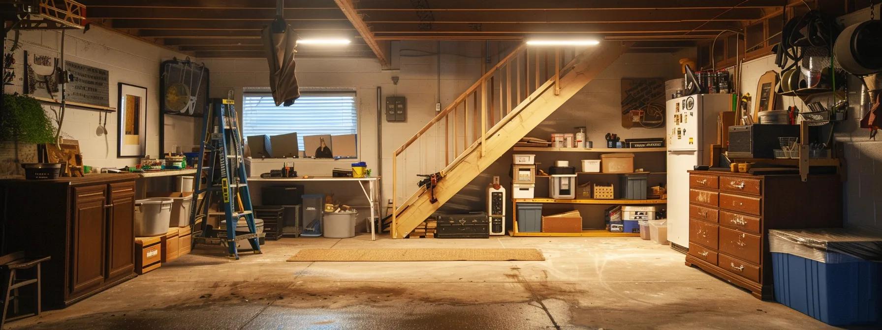 a well-lit, organized basement workshop showcases a professional inspecting a high-quality waterproofing system, emphasizing the importance of affordable maintenance to ensure a secure home environment.