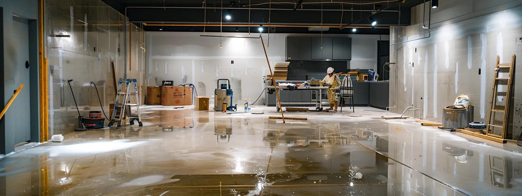 a detailed view of a modern basement undergoing waterproofing, showcasing high-tech equipment and a contractor demonstrating the application of a waterproofing sealant, illuminated by bright overhead lights in a tidy, well-organized space.