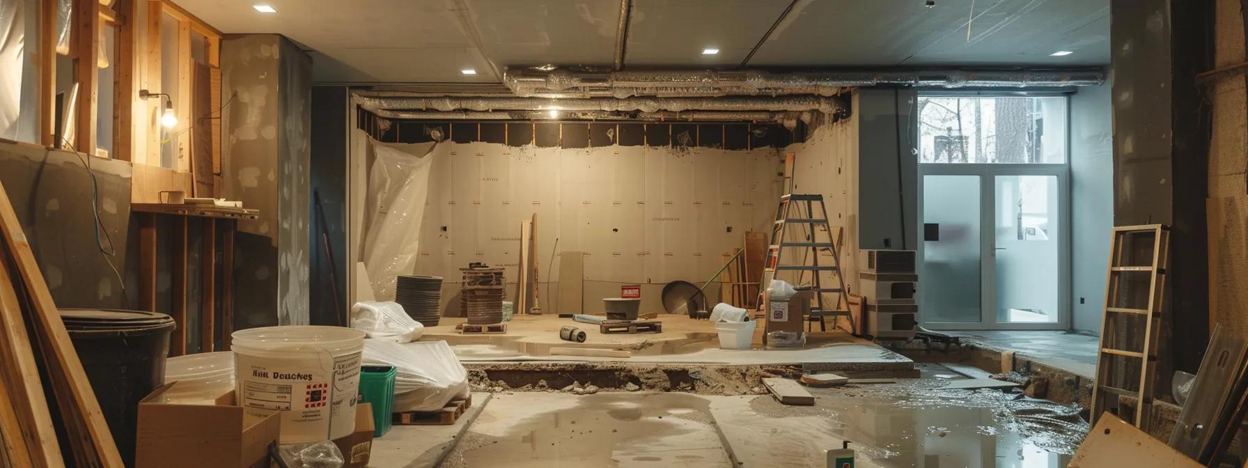 a modern, well-lit basement undergoing waterproofing renovations, showcasing professional-grade interior methods and tools alongside a glimpse of exterior drainage solutions, emphasizing a clear commitment to preventing moisture intrusion.