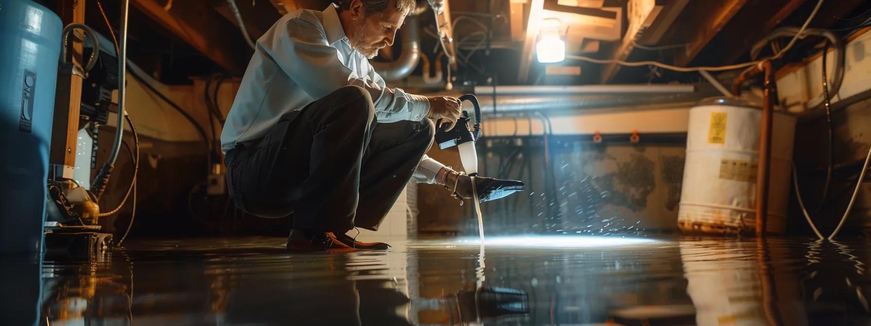 a professional contractor meticulously inspecting a flooded basement in a cherry hill home, showcasing specialized waterproofing equipment and local construction nuances under bright, focused indoor lighting.