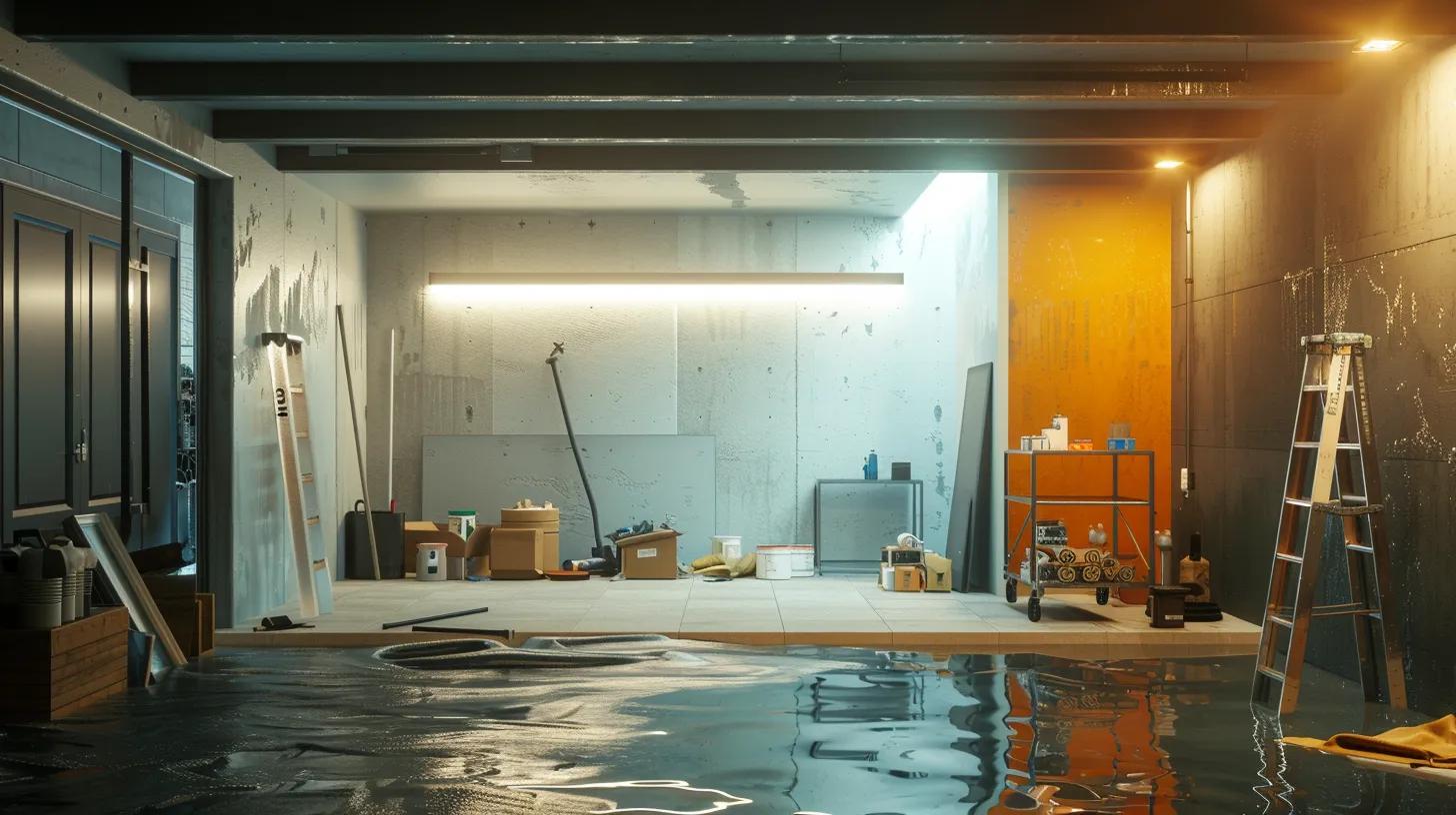 a modern basement transformed into a waterproofed space, showcasing half of the area with diy waterproofing supplies organized neatly against the wall and the other half depicting a skilled contractor expertly applying professional-grade sealing techniques under bright work lights, emphasizing the contrast between diy and professional solutions.