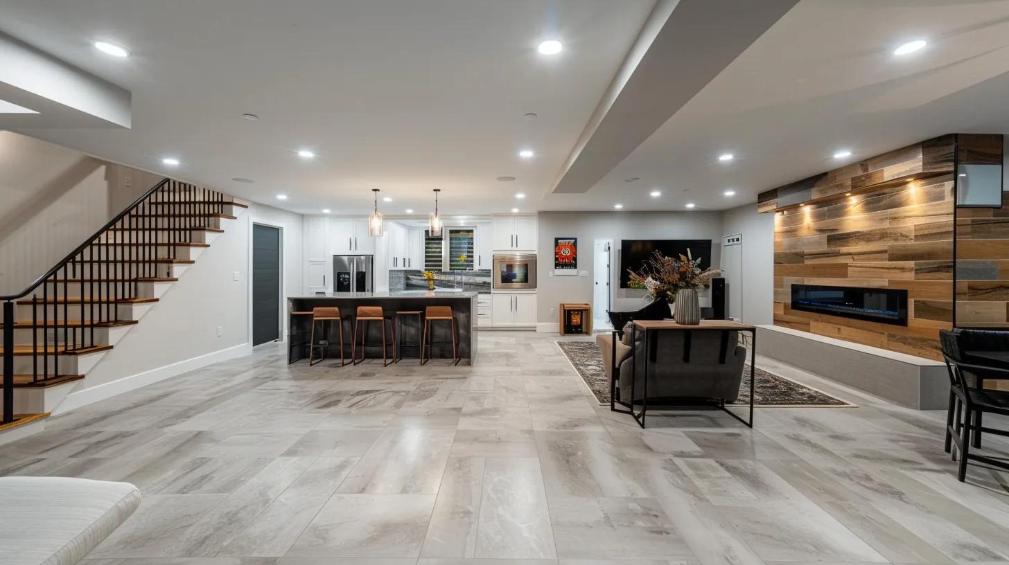 a modern, well-lit basement showcasing sleek waterproofing techniques, featuring sturdy walls and a clean, dry floor that emphasizes the importance of structural integrity and enhanced indoor air quality.