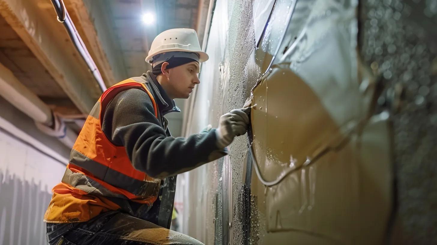 a visually captivating scene showcases a professional contractor applying a sleek waterproof membrane to the exterior walls of a basement, with focused lighting emphasizing the textured surface and the surrounding urban construction site.