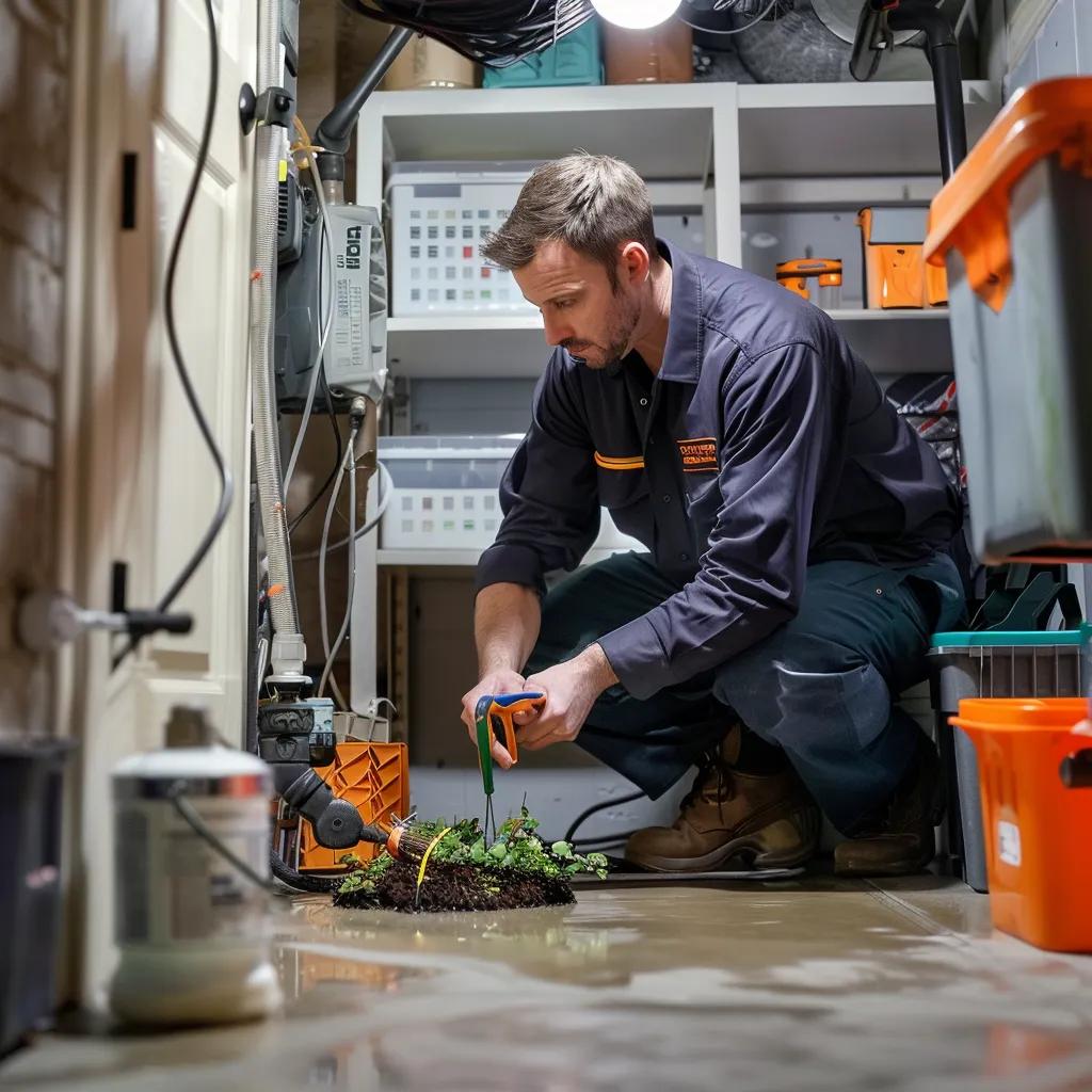 A skilled basement waterproofing technician meticulously inspecting for moisture in a pristine, well-lit basement