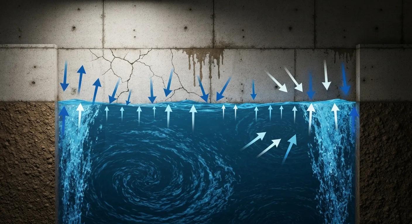 Detailed cross-section of a basement wall illustrating hydrostatic pressure with arrows showing water pushing against the foundation