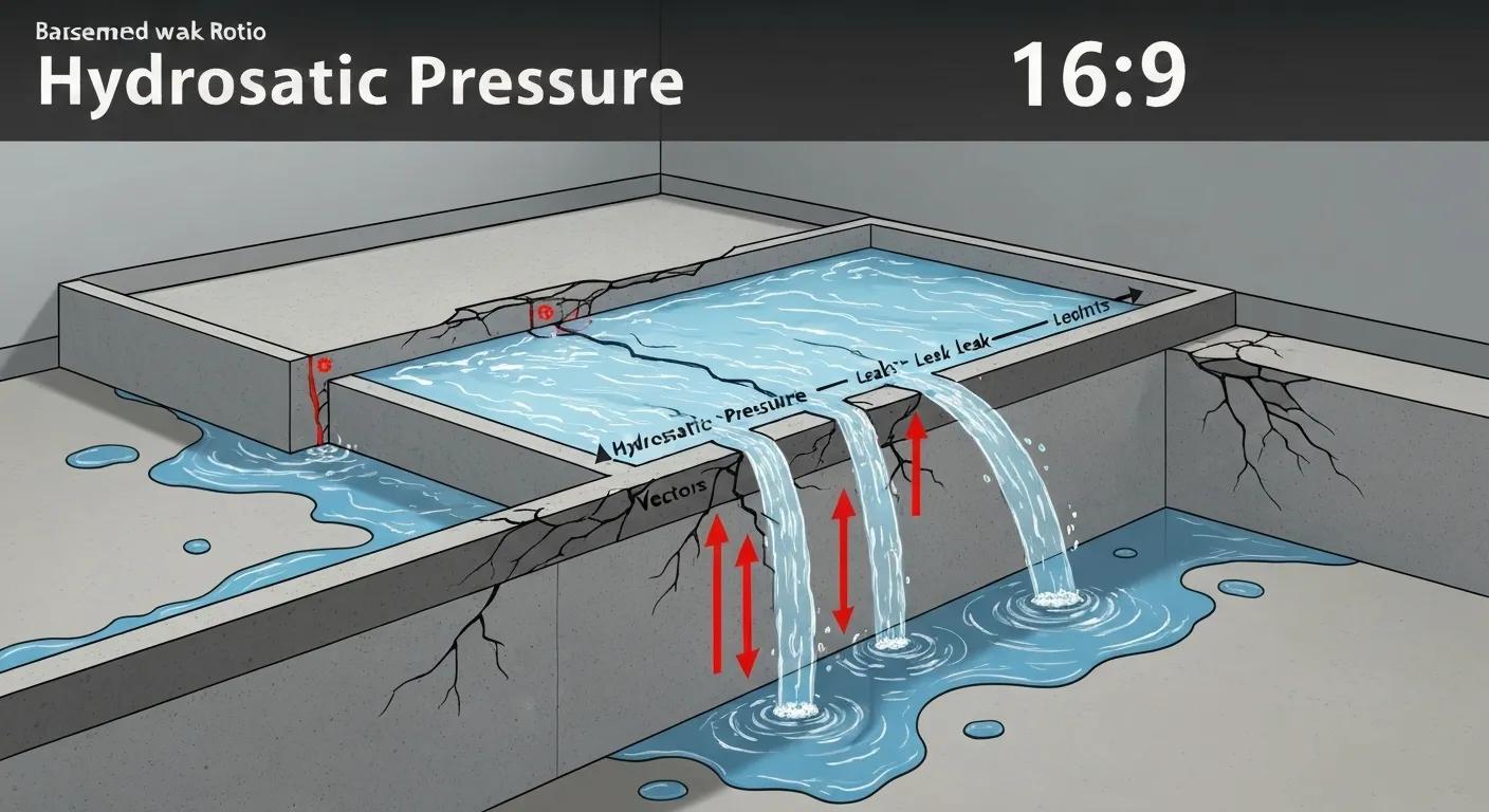 Illustration of hydrostatic pressure affecting a basement foundation, showing water flow and potential leak points