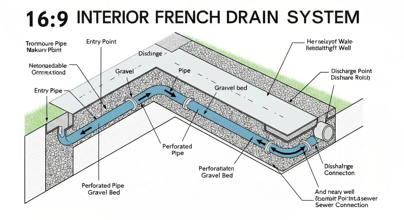 Diagram showing an interior French drain system with its components like a perforated pipe and gravel base