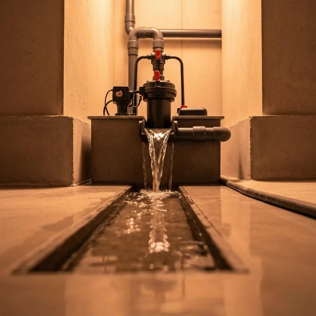 Interior waterproofing system in a basement, featuring a sump pump and drainage channels to prevent water damage