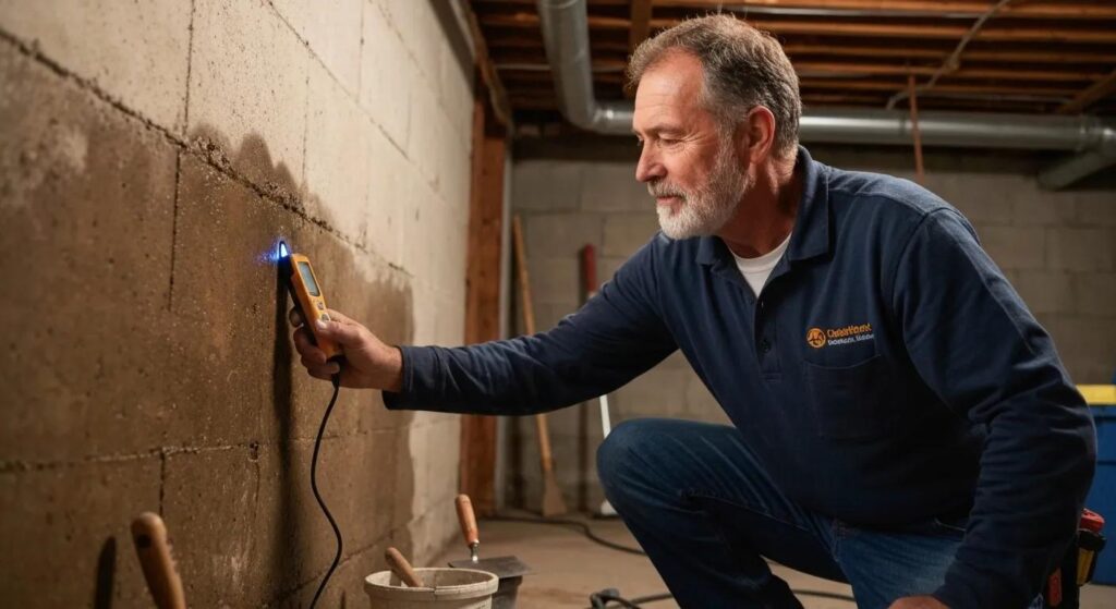 Skilled basement waterproofing technician examining moisture problems in a Cherry Hill residence
