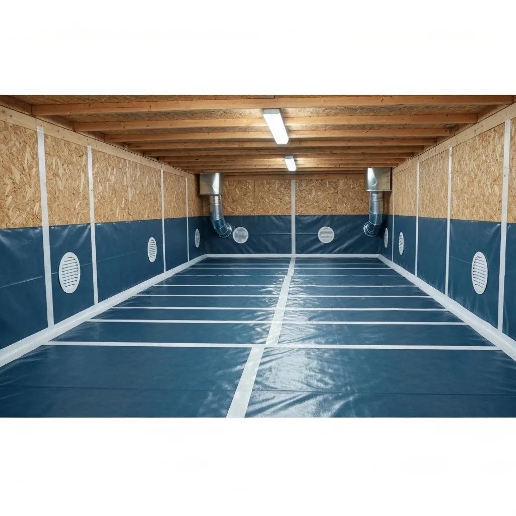 A sealed crawl space with a vapor barrier and closed vents, demonstrating how encapsulation improves moisture control