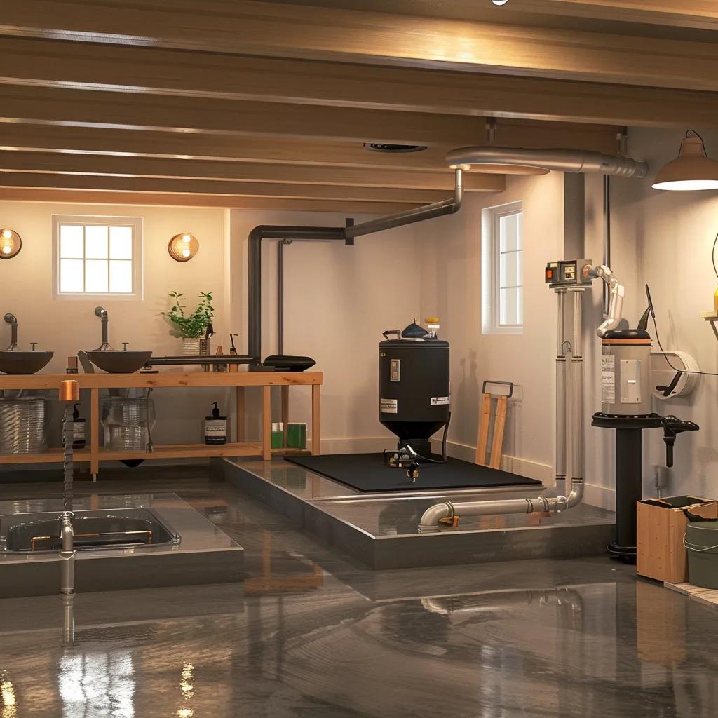 Modern basement drainage system installation showcasing pipes and sump pump in a residential setting