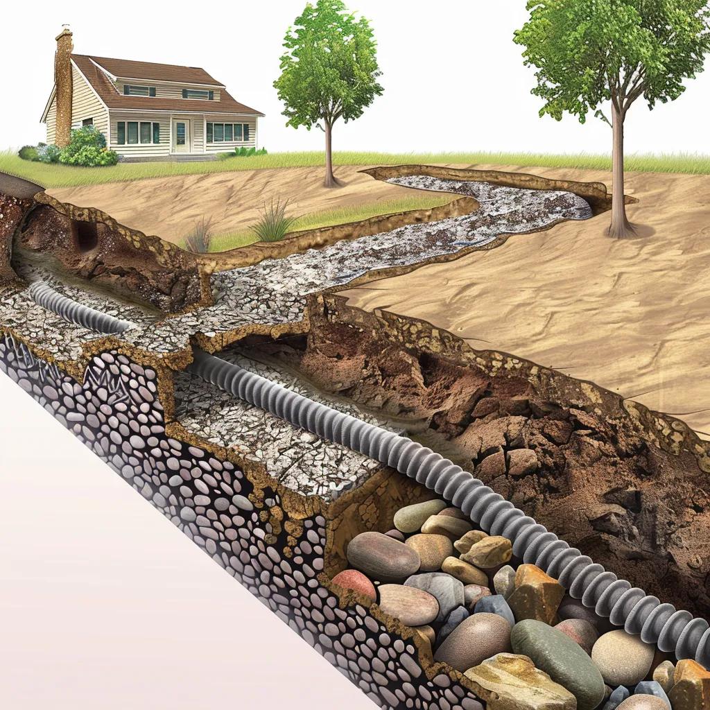 Illustrated cross-section of an exterior French drain showing gravel trench and perforated pipe