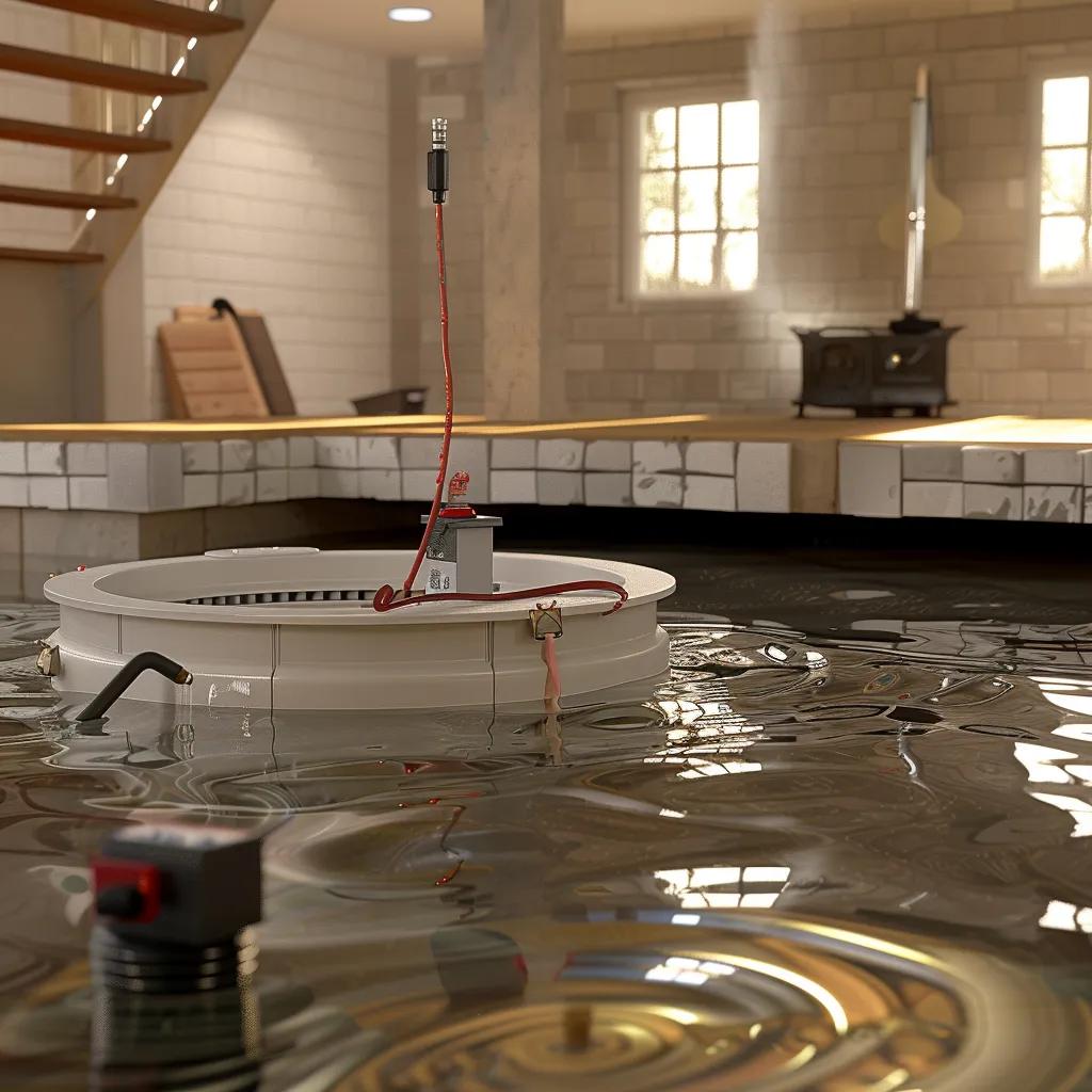 Basement sump pump system installed in a basin actively discharging water